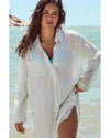 White Stripe Collared V Neck Chest Pocket Long Sleeve Beach Cover up - XL