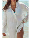 White Stripe Collared V Neck Chest Pocket Long Sleeve Beach Cover up - XL