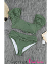 Green Sexy Bubble Sleeves High waisted swimsuits - L
