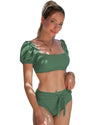 Green Sexy Bubble Sleeves High waisted swimsuits - L
