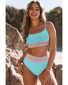 Sky Blue Striped Patchwork Spaghetti Strap High Waist Bikini Swimsuit - XL