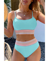 Sky Blue Striped Patchwork Spaghetti Strap High Waist Bikini Swimsuit - XL