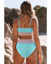 Sky Blue Striped Patchwork Spaghetti Strap High Waist Bikini Swimsuit - XL