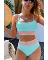 Sky Blue Striped Patchwork Spaghetti Strap High Waist Bikini Swimsuit - XL