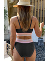 Black Striped Patchwork Spaghetti Strap High Waist Bikini Swimsuit - L
