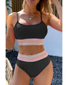 Black Striped Patchwork Spaghetti Strap High Waist Bikini Swimsuit - L