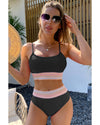 Black Striped Patchwork Spaghetti Strap High Waist Bikini Swimsuit - M