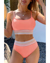 Peach Blossom Striped Patchwork Spaghetti Strap High Waist Bikini Swimsuit - 2XL