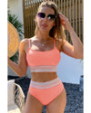 Peach Blossom Striped Patchwork Spaghetti Strap High Waist Bikini Swimsuit - M