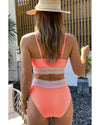 Peach Blossom Striped Patchwork Spaghetti Strap High Waist Bikini Swimsuit - M