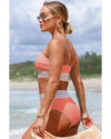 Peach Blossom Striped Patchwork Spaghetti Strap High Waist Bikini Swimsuit - M