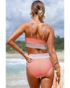 Peach Blossom Striped Patchwork Spaghetti Strap High Waist Bikini Swimsuit - M
