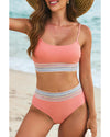 Peach Blossom Striped Patchwork Spaghetti Strap High Waist Bikini Swimsuit - M