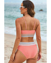 Peach Blossom Striped Patchwork Spaghetti Strap High Waist Bikini Swimsuit - M
