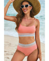 Peach Blossom Striped Patchwork Spaghetti Strap High Waist Bikini Swimsuit - S