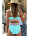 Turquoise Striped Patchwork Spaghetti Strap High Waist Bikini Swimsuit - M