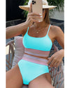 Turquoise Striped Patchwork Spaghetti Strap High Waist Bikini Swimsuit - M