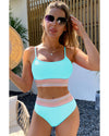 Turquoise Striped Patchwork Spaghetti Strap High Waist Bikini Swimsuit - M