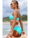 Turquoise Striped Patchwork Spaghetti Strap High Waist Bikini Swimsuit - M