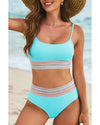 Turquoise Striped Patchwork Spaghetti Strap High Waist Bikini Swimsuit - M