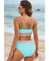 Turquoise Striped Patchwork Spaghetti Strap High Waist Bikini Swimsuit - M