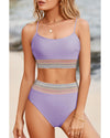 Orchid Petal Striped Patchwork Spaghetti Strap High Waist Bikini Swimsuit - L