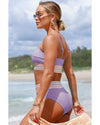 Orchid Petal Striped Patchwork Spaghetti Strap High Waist Bikini Swimsuit - L