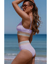 Orchid Petal Striped Patchwork Spaghetti Strap High Waist Bikini Swimsuit - M
