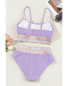Orchid Petal Striped Patchwork Spaghetti Strap High Waist Bikini Swimsuit - M
