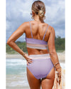 Orchid Petal Striped Patchwork Spaghetti Strap High Waist Bikini Swimsuit - S