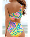 Multicolor Abstract Swirl Print Asymmetric Cutout One Piece Swimsuit - S