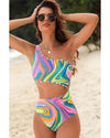 Multicolor Abstract Swirl Print Asymmetric Cutout One Piece Swimsuit - S