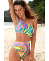 Multicolor Abstract Swirl Print Asymmetric Cutout One Piece Swimsuit - S