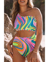Multicolor Abstract Swirl Print Asymmetric Cutout One Piece Swimsuit - XL