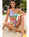 Multicolor Abstract Swirl Print Asymmetric Cutout One Piece Swimsuit - XL