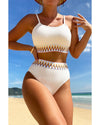 White Textured Contrast Banding Bikini High Waist 2pcs Swimsuit - M