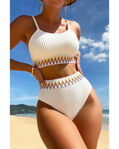 White Textured Contrast Banding Bikini High Waist 2pcs Swimsuit - XL