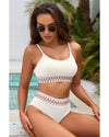 White Textured Contrast Banding Bikini High Waist 2pcs Swimsuit - XL
