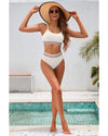 White Textured Contrast Banding Bikini High Waist 2pcs Swimsuit - XL