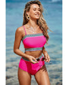 Rose Red Contrast Banding Tube Bikini High Waist 2pcs Swimsuit - L