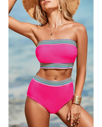 Rose Red Contrast Banding Tube Bikini High Waist 2pcs Swimsuit - M
