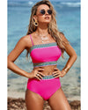 Rose Red Contrast Banding Tube Bikini High Waist 2pcs Swimsuit - M