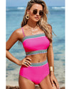 Rose Red Contrast Banding Tube Bikini High Waist 2pcs Swimsuit - S