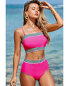 Rose Red Contrast Banding Tube Bikini High Waist 2pcs Swimsuit - S