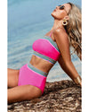 Rose Red Contrast Banding Tube Bikini High Waist 2pcs Swimsuit - XL
