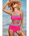 Rose Red Contrast Banding Tube Bikini High Waist 2pcs Swimsuit - XL