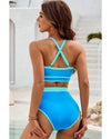 Blue Contrast Trim Crisscross Back High Waisted Bikini - M