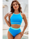 Blue Contrast Trim Crisscross Back High Waisted Bikini - M