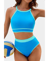 Blue Contrast Trim Crisscross Back High Waisted Bikini - M