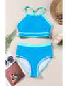 Blue Contrast Trim Crisscross Back High Waisted Bikini - XL